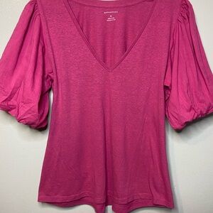 Anthropologie Pink‎ V-Neck Puff Sleeve Blouse